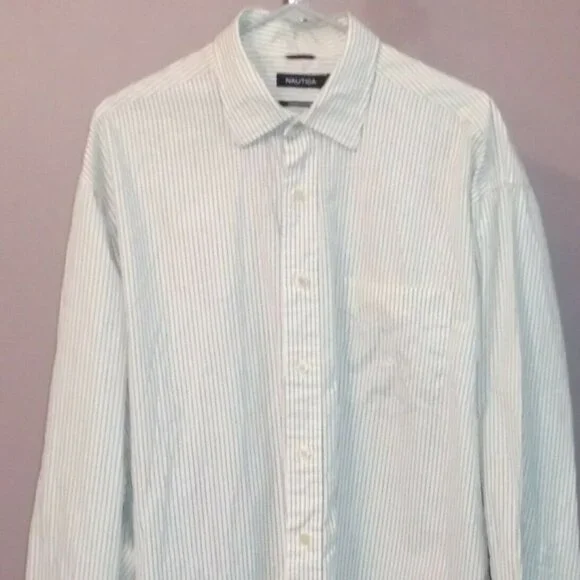 NAUTICA Striped Button Down Shirt White Navy - Picture 1 of 5